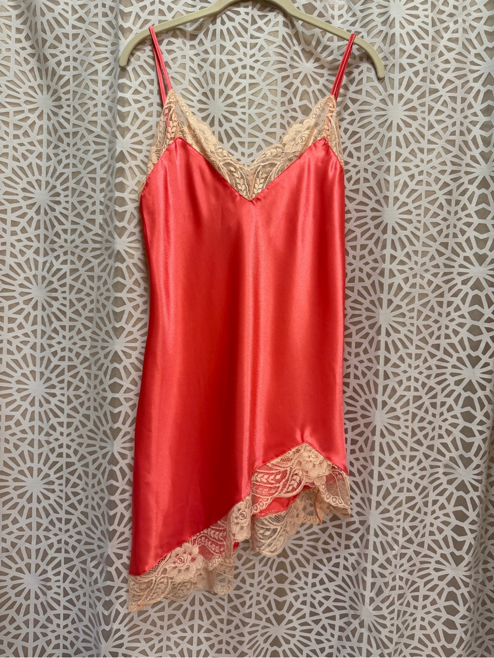 Frederick's of Hollywood Coral Satin Chemise with Beige Lace Trim
